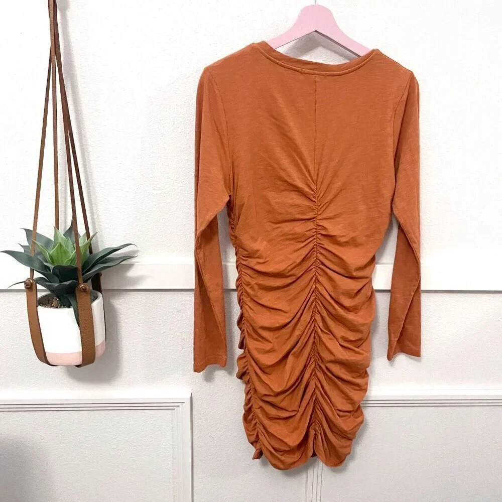 NWT Anthropologie Sundry Ruched Long Zleeve Dress Sienna Orange Size 3 - Picture 8 of 9